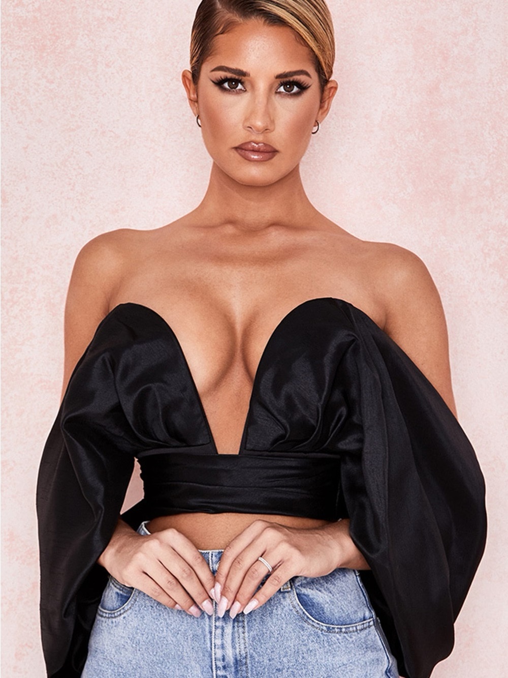 House of CB Elisetta Black Off-Shoulder Satin Crop Top with Voluminous Sleeves